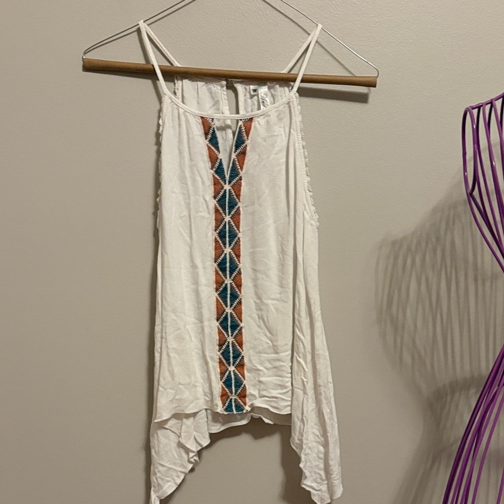 Andree Cream Top with Teal and Rust Embroidered Panel